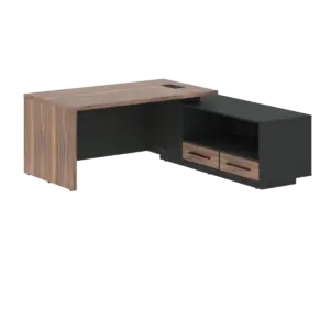 Кабинет руководителя Velion Veneer Стол руководителя с тумбой VRCT 1919(R) Американский орех/Черный матовый/Яшма черный 1900х1900х750